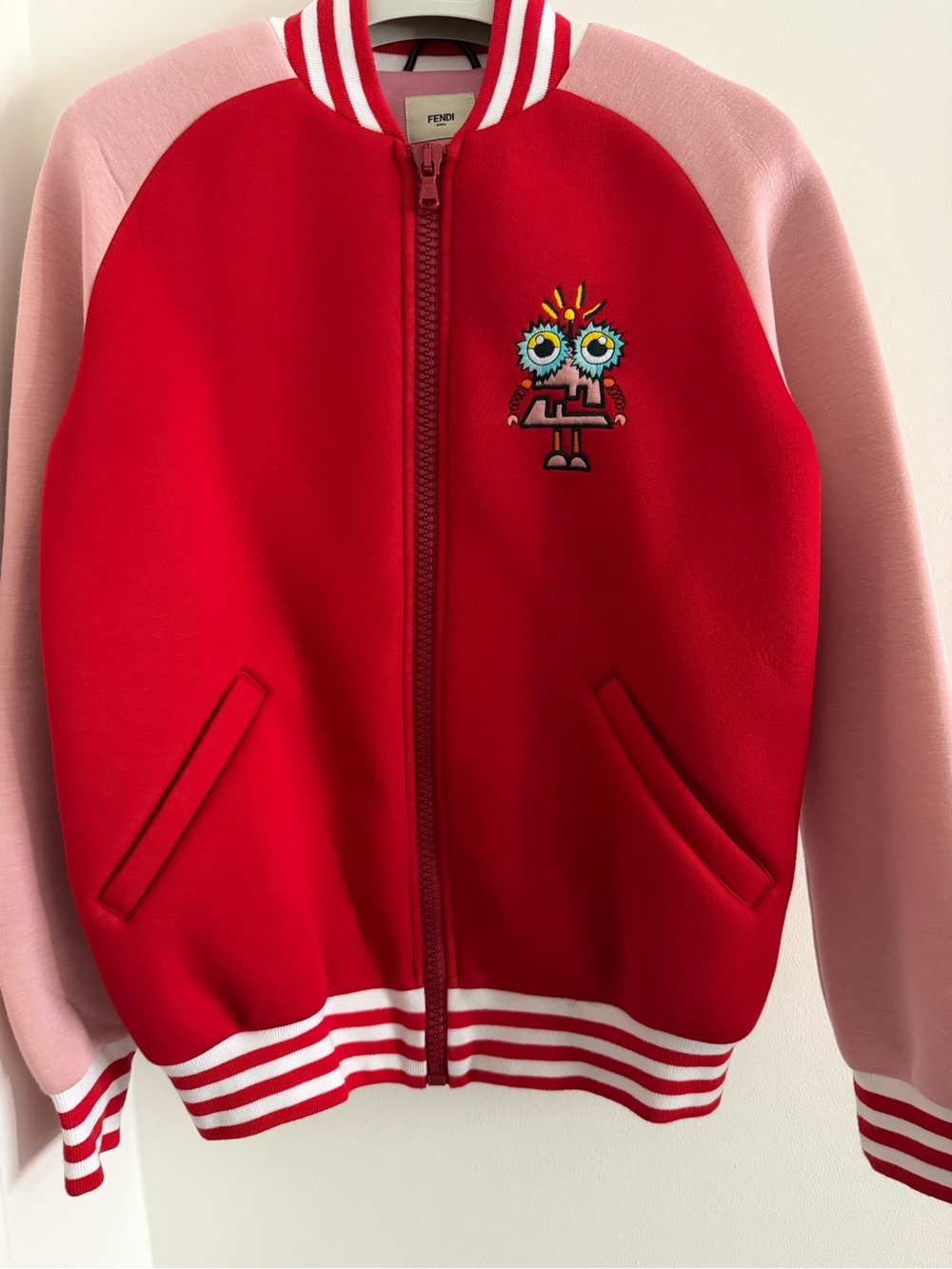 Fendi Red & Pink Kids' Varsity-Style Zip Jacket with Character Patch